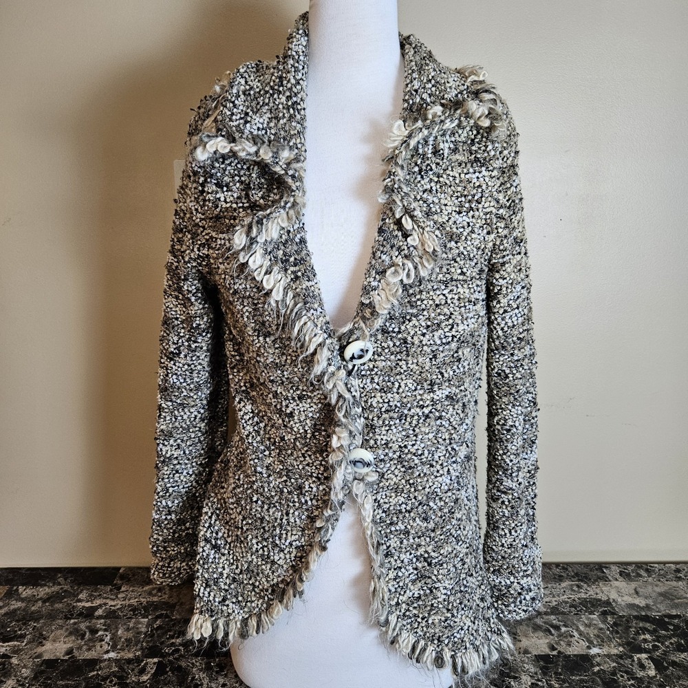 Coldwater Creek Textured Knit Cardigan Fringe‎ Trim Neutral Button Front Women's
